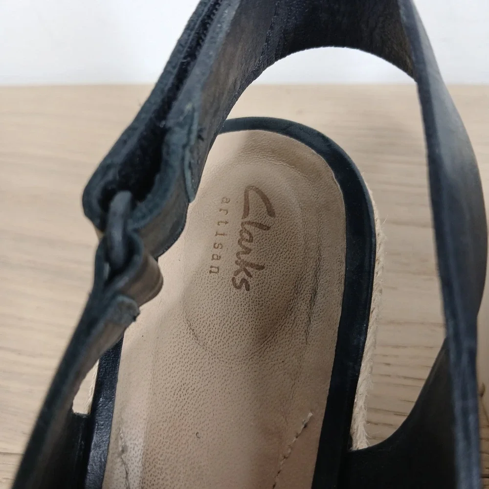 Clarks Sandals Womens 8 Black Leather Espadrille Wedge Boho Comfort Resort Chic
